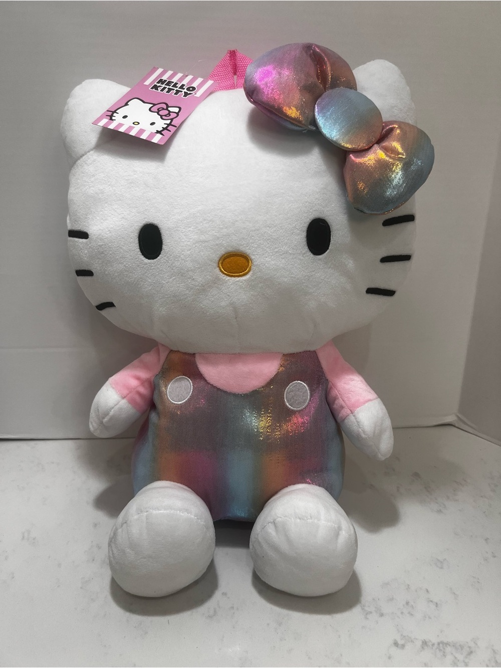Hello Kitty Plush with Iridescent Bow & Pastel Romper - White, Pink, Rainbow